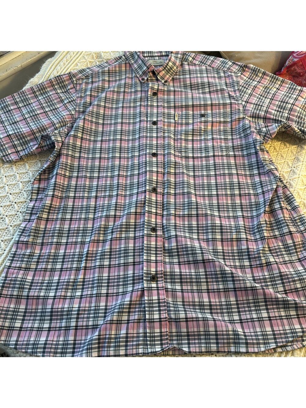 Bob Timberlake Xl Short Sleeve Plaid Button Front Shirt Pink Dress Classic EUC